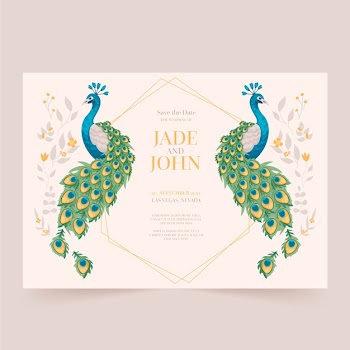 Wedding invitation template with peacock feathers Free Vector