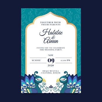 Wedding invitation template with peacock feathers Free Vector