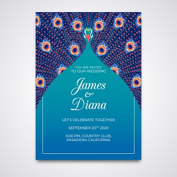Wedding invitation template with peacock feathers Free Vector