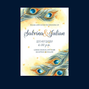 Wedding invitation template with peacock feathers Free Vector