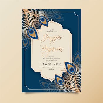 Wedding invitation template with peacock feathers Free Vector