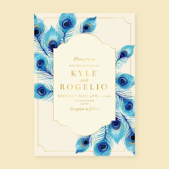 Wedding invitation template with peacock feathers Free Vector