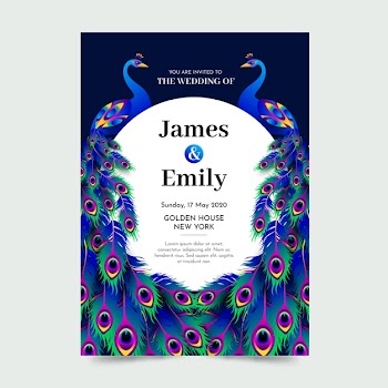 Wedding invitation template with peacock feathers Free Vector