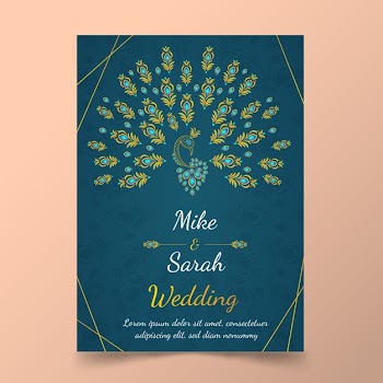 Wedding invitation template with peacock feathers Free Vector