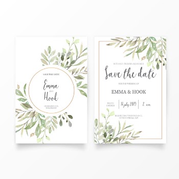 Wedding invitation template with watercolor leaves Free Vector