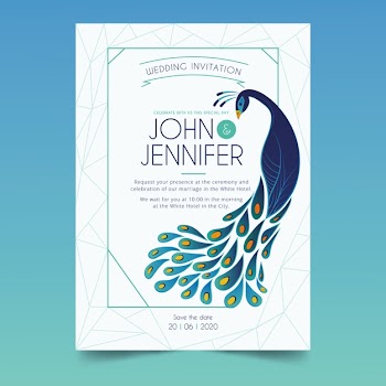 Wedding invitation with a beautiful peacock Free Vector