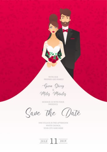 Wedding invitation with characters Free Vector
