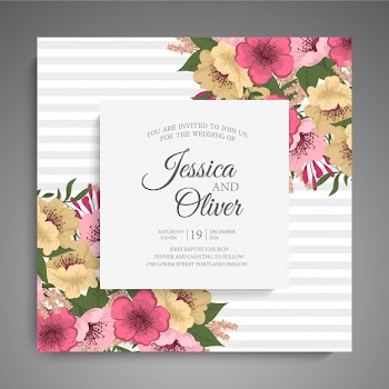 Wedding invitation with colorful flower. Free Vector