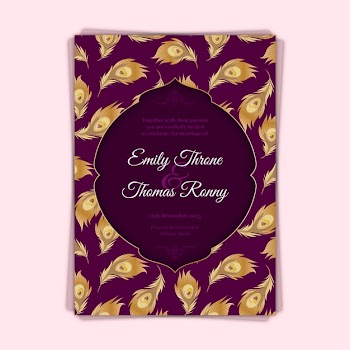 Wedding invitation with colorful peacock feathers Free Vector