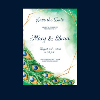 Wedding invitation with peacock feathers Free Vector