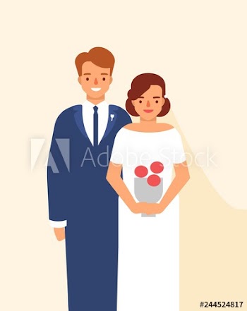 Wedding portrait of cute happy pair of young smiling bride and groom dressed in elegant clothing