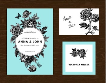 Wedding set. Menu, save the date, guest card. Black and white flowers peonies on mint background. Vintage vector illustration.