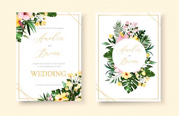 Wedding tropical exotic floral golden geometric frame invitation card save the date with frangipani hibiscus calla green monstera palm leaves. botanical elegant decorative vector template Free Vector