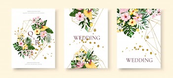 Wedding tropical exotic floral golden geometric triangular frame invitation card save the date with frangipani hibiscus calla green monstera palm leaves. botanical elegant decorative vector template Free Vector