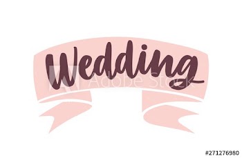 Wedding word handwritten with cursive calligraphic font on cute pink ribbon or tape isolated on white background