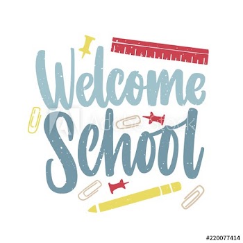 Welcome School inscription handwritten with elegant script and decorated by paper clips, push pins and ruler scattered around