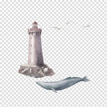 Whale under lighthouse illustration, Watercolor painting Illustration, Watercolor lighthouse and whale transparent background PNG clipart