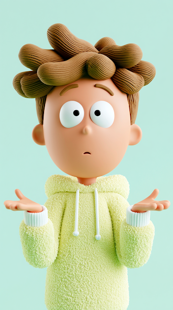 Whimsical 3D Cartoon Boy with Shrugging Pose