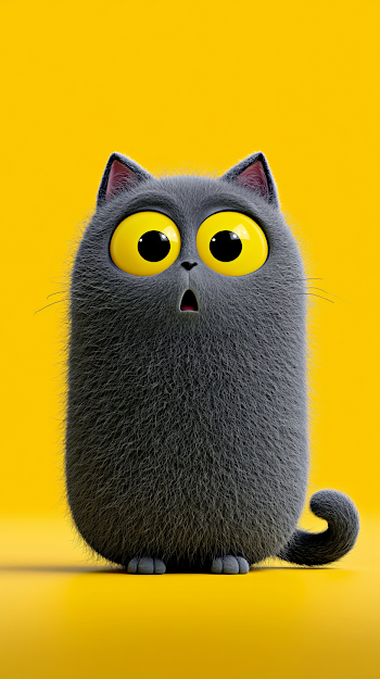 Whimsical 3D Cartoon Gray Cat with Bright Yellow Eyes