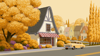 Whimsical Autumn Street Scene with Charming Bookstore