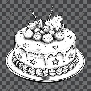 Whimsical Black and White Christmas Cake Illustration