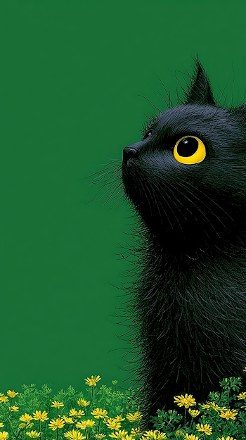 Whimsical Black Cat in Wildflower Meadow
