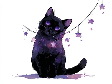 Whimsical Black Cat with Glowing Amethyst Eyes Whimsical Black Cat with Glowing Amethyst Eyes