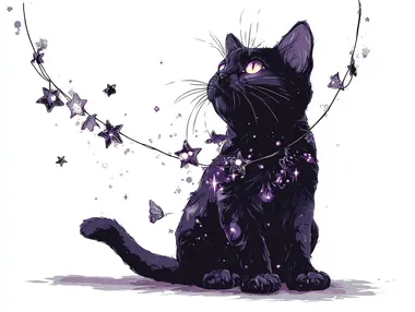 Whimsical Black Cat with Glowing Amethyst Eyes Whimsical Black Cat with Glowing Amethyst Eyes