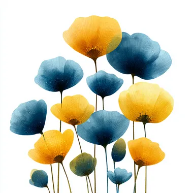 Whimsical Blue and Yellow Poppies on Transparent Background