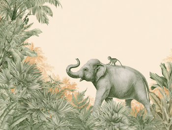 Whimsical Botanical Illustration of an Elephant and Monkey in a Tropical Jungle
