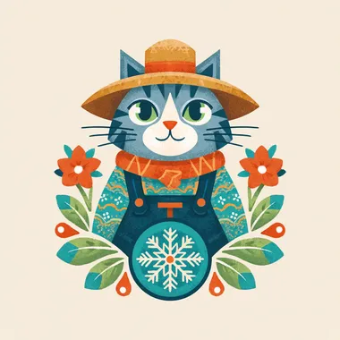 Whimsical Cat Farmer with Snowflakes Whimsical Cat Farmer with Snowflakes