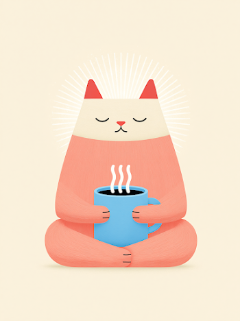 Whimsical Cat Guru with Coffee