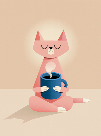 Whimsical Cat Guru with Coffee