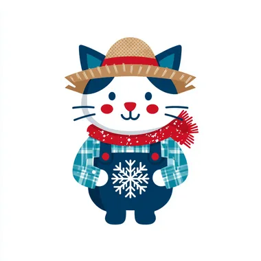 Whimsical Cat in Farmer Outfit with Snowflakes Whimsical Cat in Farmer Outfit with Snowflakes