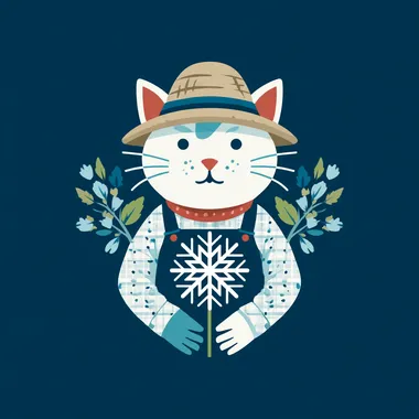 Whimsical Cat in Farmer Outfit with Snowflakes Whimsical Cat in Farmer Outfit with Snowflakes