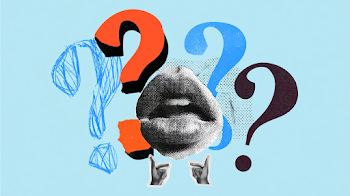 Whimsical Communication: Surreal Collage of Question Marks and Lips
