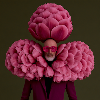 Whimsical Floral Fashion: Man in Pink and Burgundy Tulip Hat