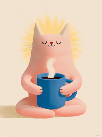 Whimsical Guru Cat with Coffee Mug