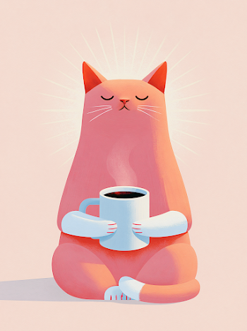 Whimsical Guru Cat with Coffee Mug