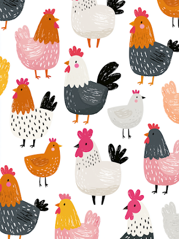 Whimsical Hand-Drawn Chickens on White Background