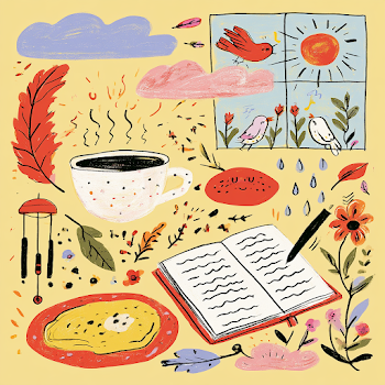 Whimsical Morning Scene with Coffee and Nature