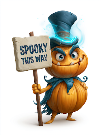 Whimsical Pumpkin Guide with Neon Blue Top Hat