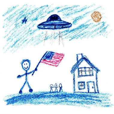 Whimsical Stick Figure Scene with UFO and American Flag Whimsical Stick Figure Scene with UFO and American Flag