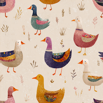 Whimsical Vintage Geese and Ducks Seamless Pattern