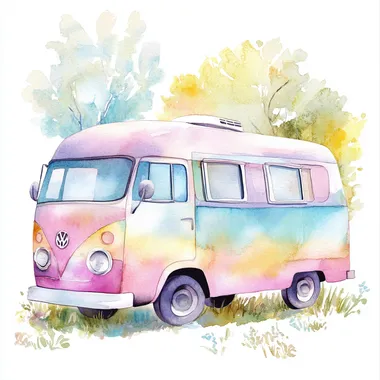 Whimsical Watercolor Vintage Bus Illustration Whimsical Watercolor Vintage Bus Illustration