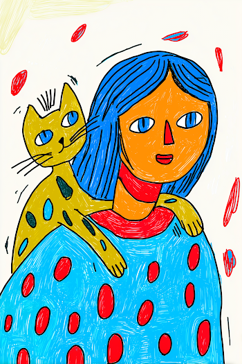 Whimsical Woman with Cat Illustration