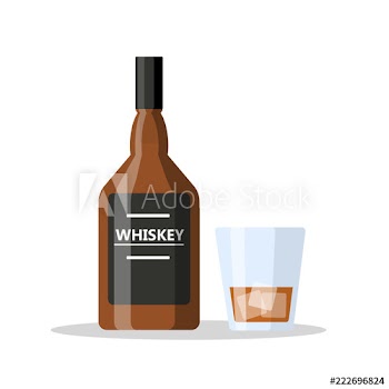 Whiskey bottle and glass with alcohol and ice cube