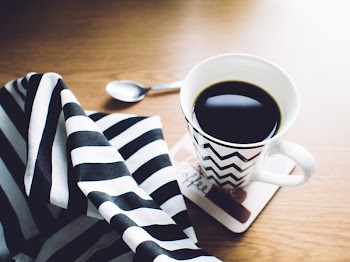 White and Black Chevron Ceramic Mug on Coaster