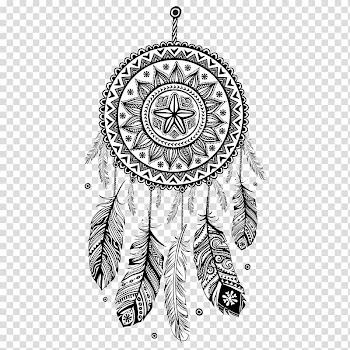 White and black feather dreamcatcher illustration, Dreamcatcher Coloring book Mandala Drawing Decal, Black and white feathers Campanula transparent background PNG clipart