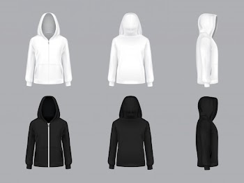 White and black hoodie with long sleeves and pockets, front, back, side view, Free Vector